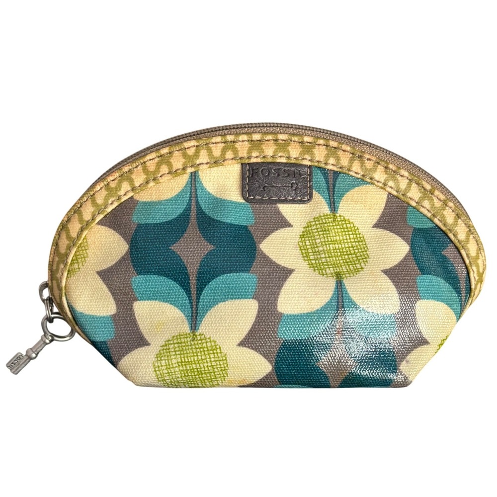 Fossil‎ Key-Per | Retro Floral Coated Canvas Cosmetic Makeup Bag | Teal Green
